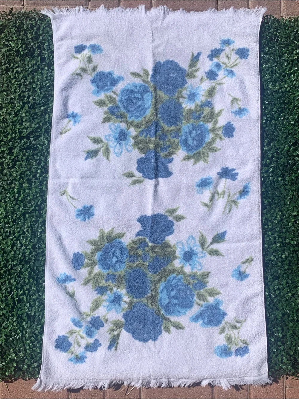 Vintage 70s Blue Roses Towel Mod Grandmacore